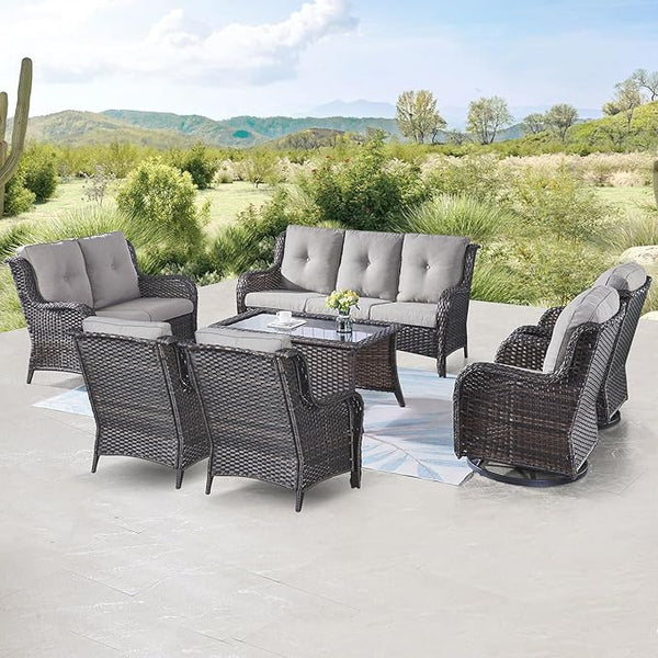 Belord 7 Piece Wicker Patio Furniture Set, Outdoor Swivel Rocker Chairs Set of 2 with Ottomans, 3 Seat Sofa and Loveseat - Photo 1