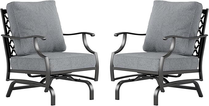 Metal Outdoor Rocker Patio Chairs Set of 2 with 5.75" Extra Thick Cushion, 2 Piece High Back Rocker Patio Chairs All Weather Outdoor Furniture Seating for Deck Balcony Porch, Gray
