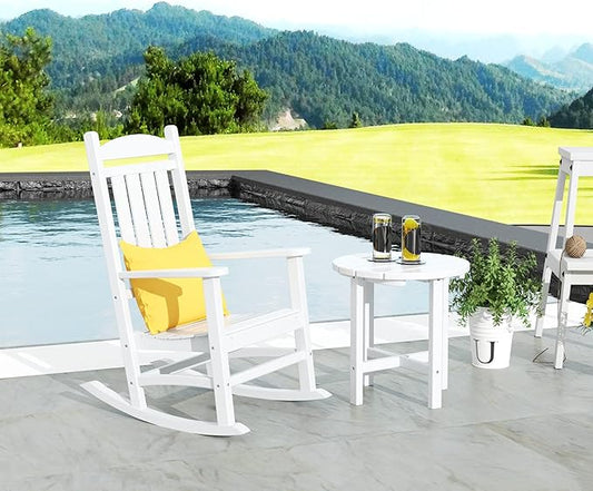 WestinTrends Malibu Malibu Outdoor Patio Porch Rocking Chair with Side Table Set, White