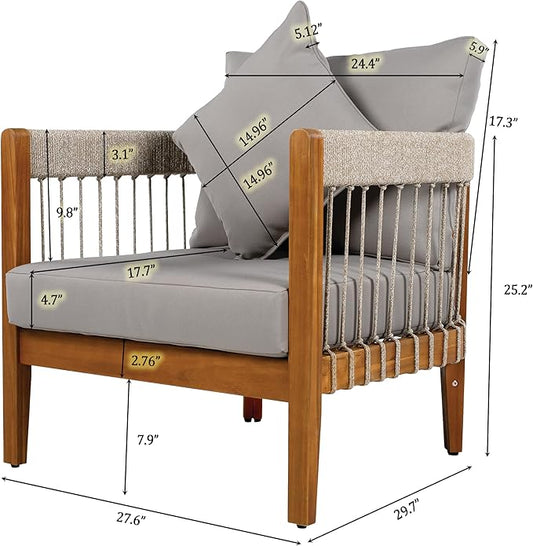 Christopher Knight Home Vinny Acacia Wood Patio Accent Chair, Wooden Lounge Chair Outdoor, Garden/Poolside Comfy Reading Chair with Handwoven Rope Accents and Removable Cushions, Natural+Grey