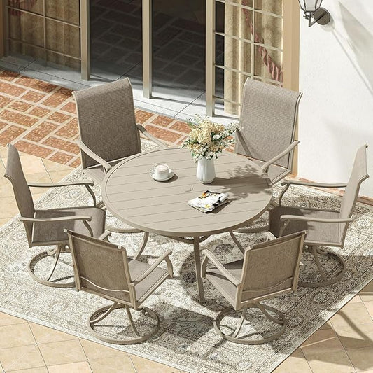 VICLLAX Round Patio Dining Table for 4-6, Outdoor Metal Dining Table with Umbrella Hole for Deck Lawn Garden Backyard, 47.2" Sandshell