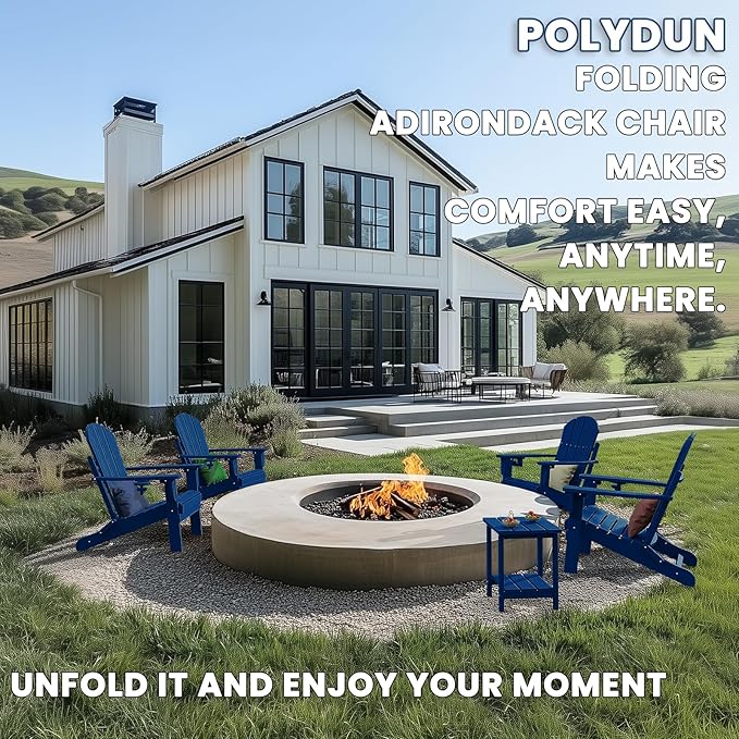 Adirondack Chair with Cup Holder Set of 2, Folding HDPE Patio Chairs, Outdoor Plastic Fire Pit Chair, Wood Texture, Lawn Chairs for Deck, Porch, Backyard, Garden, Navy Blue