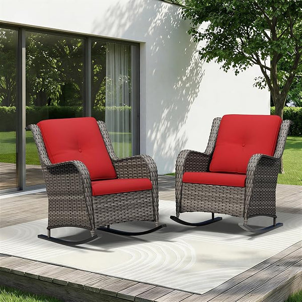 Patio Rocking Chairs Set of 2, Outdoor Wicker Patio Furniture Set 2 Pieces with Thickened Olefin Cushions - Photo 1