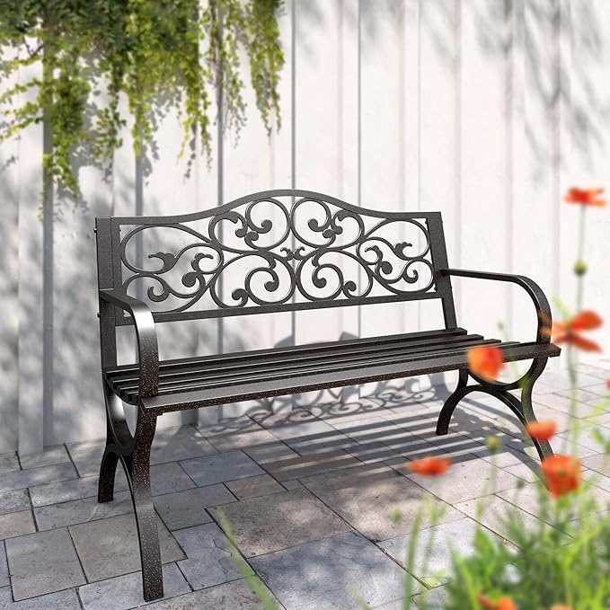 PHI VILLA 50" Patio Park Garden Outdoor Metal Black Bench for Yard Porch