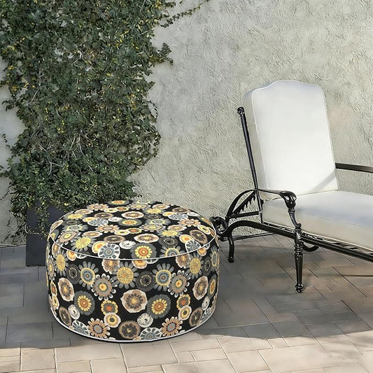 LVTXIII Indoor/Outdoor Extra Large Inflatable Ottoman Pouf D31 x H14 Inch, Round Footstool with Handle, Weather-Resistant Portable Furniture for Patio, Camping, Beach, Black Yellow Crosby
