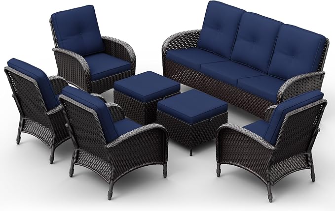 Joyside Wicker Patio Furniture Set, 7 Piece Outdoor Furniture Set with Thickened Cushions, High Back, Deep Seating, Wide Armrest, Rattan Outdoor Chairs for Porch, Deck