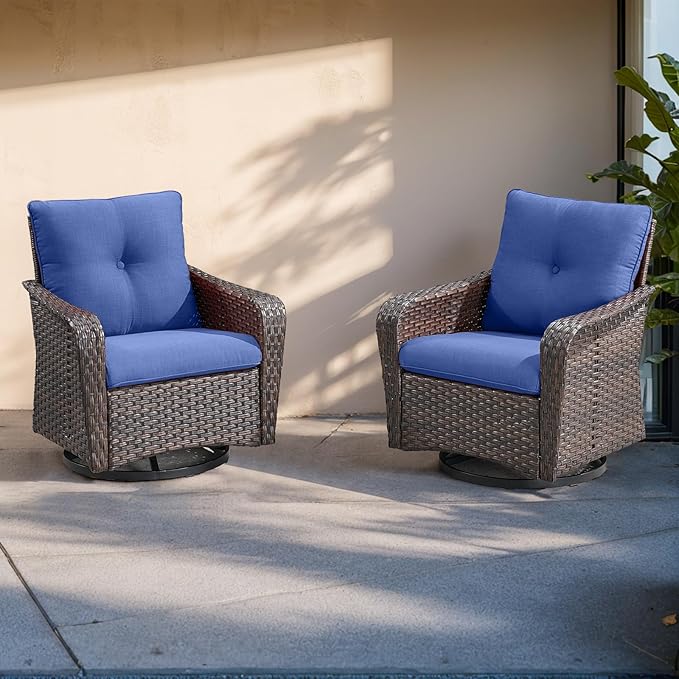 Rilyson Outdoor Patio Swivel Rocker Chairs - 2 PC Wicker Rattan Patio Rocker Glider Chair Set with High Back,Comfy Cushions and Deep Seating for Porch Deck Backyard Garden(Brown/Blue)