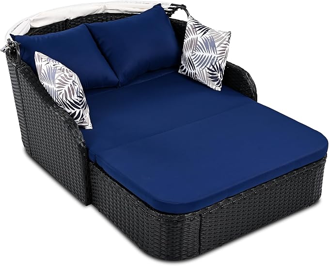 LUMISOL Outdoor Daybed with Retractable Canopy, PE Rattan Sunbed with Cushions, Double Lounge for Patio, Garden, Poolside, Black Wicker and Blue Cushion