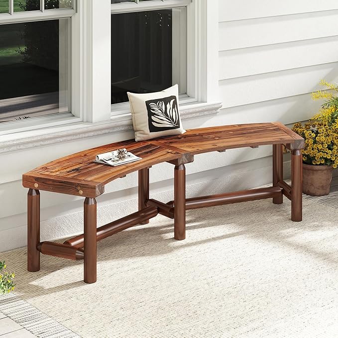 Tangkula Patio Curved Bench Set of 2, Solid Wood Fire Pit Bench for 2-3 People, Outdoor Backless Loveseat for Backyard, Garden, Poolside, 800 LBS Max Load (Rustic Brown)