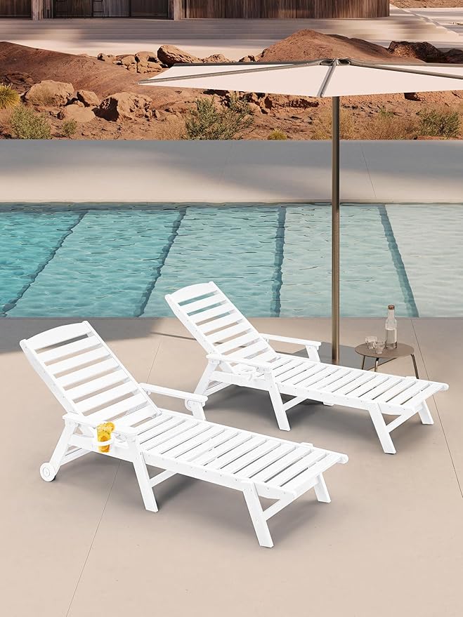 HDPE Outdoor Chaise Lounge Set of 2, 5-Position Adjustable Outdoor Lounger with Wheels & Cup Holder, 78.4'' Poly Lounge Chairs, HDPE Patio Lounge Chairs for Deck, Backyard, Poolside, Pearl