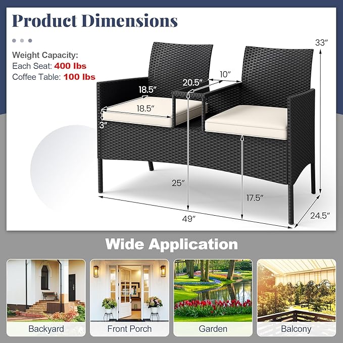 HAPPYGRILL Outdoor Rattan Loveseat, 2-Seat Patio Conversation Set with Built-in Coffee Table, Cushions, Wicker Bench Furniture for Backyard, Garden, Balcony, Porch (Beige)