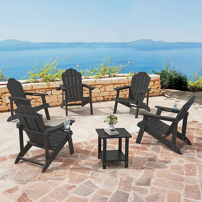 HDPE Adirondack Chairs Set of 2, Weather Resistant Outdoor Seating with Hidden Cup Holder for Porch, Patio, Deck & Fire Pit, Black