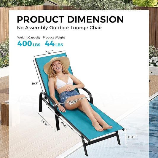 Outdoor Lounge Chair, Adjustable Patio Reclining Chaise with Textilene Fabric, Pool Lounge Chair with 5-Position Backrest for Patio, Garden, Poolside & Balcony,Sky Blue Set of 2