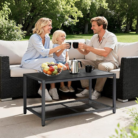 VINGLI Outdoor Coffee Table with Double-Layer Storage, Rectangle Weather-Resistant Patio Coffee Table for Garden, Balcony, Hot Tub, Poolside, Heavy-Duty Metal Frame, Black