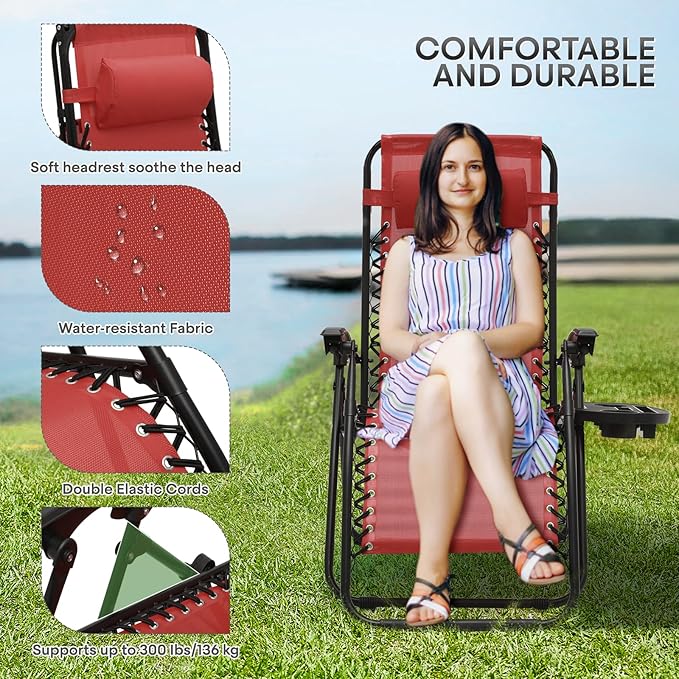Athena Collection Zero Gravity Chair, Outdoor Lounge Chair with Adjustable Pillow and Cup Holder, Reclining Camping Chair for Outside Beach Lawn Garden Patio Poolside -Maroon