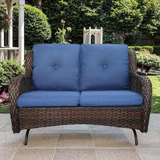 Patio Loveseat Wicker Loveseat Rattan Glider Sofa with Curved Armrest Thicking Back & Seat Cushions for Garden Balcony Backyard Brown Wicker|Blue Cushions (A) Patio Loveseat Glider