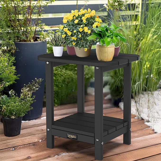 VINGLI Outdoor Side Table, 2-Tier HDPE Adirondack Side Table with Storage, Weather-Resistant Patio End Table for Backyard, Pool, Deck, Indoor Use (Black)