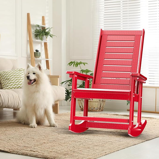 GREENVINES Outdoor Rocking Chairs | Set of 4 | Porch Rocker | HDPE Plastic | Red | Oversized Rockers | High Back | Big & Tall | Ladder Back | for Patio Outside Backyard Balcony Garden