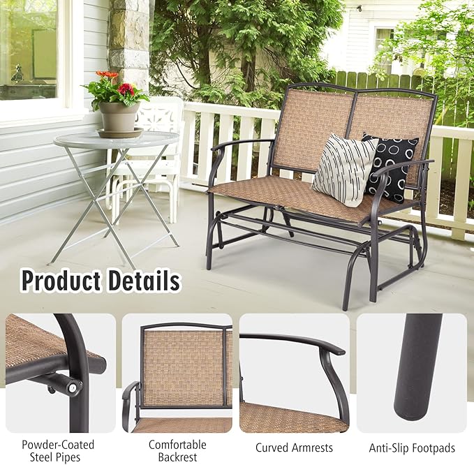 Tangkula 2-Person Patio Glider Bench, Outdoor Rocker Glider Loveseat Chair W/Heavy-Duty Steel Frame, Breathable Seat Fabric, Rocking Lounge Chair for Poolside, Garden, Backyard (Brown)