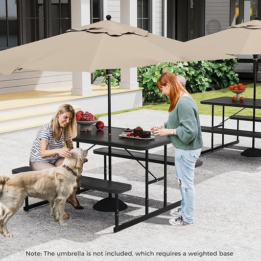 Giantex Picnic Table Bench Set for 4 People, 4.5FT Outdoor Rectangular Dining Table & 2 Benches w/Umbrella Hole, HDPE Tabletop, Metal Frame, Patio Garden Backyard Poolside (4.5FT,Non-Foldable,Black)