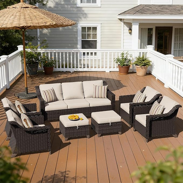 7 Pieces Patio Conversation Furniture Set - 1 Sofa, 2 Ottomans, 4 Armchairs - Photo 1