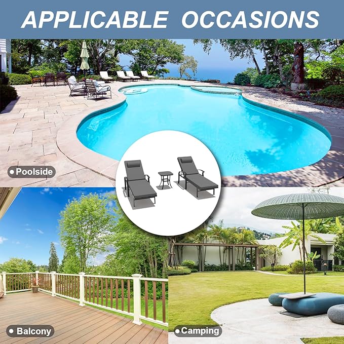 Kurapika Patio Chaise Lounge Set 3 Pieces, Aluminum Outdoor Lounge Chair, Adjustable Backrest, Pool Sunbathing Recliners with Side Table for Poolside Beach, Black