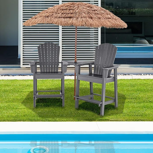 Giantex Tall Adirondack Chair Set of 2 - Outdoor HDPE Barstools w/Middle Connecting Tray & Umbrella Hole, Counter Height Bar Chair, Weather Resistant, Ideal for Patio, Backyard, Poolside (Grey)