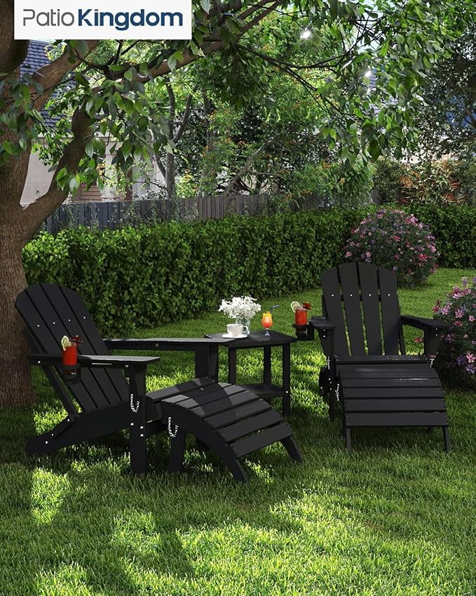 Adirondack Chair with Table Set,HDPE Plastic All Weather Fire Pit Chair with Cup Holder,2-Piece(Black, 1 Chair &1 Table)