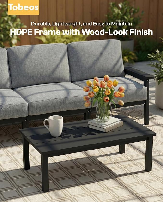 HDPE Patio Furniture Set 4 Seats, Outdoor Couch with Washable Thick Gray Cushions & Coffee Table & Side Table, Outdoor Sectional Furniture for Backyard, Deck, Lawn, Porch (Black Frame)