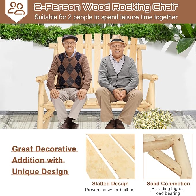 HOMEDIARY Outdoor Wood Rocking Bench Set, Patio Bistro Set-2 Person Rustic Adirondack Log Rocker with Side Table, Slatted Seat/High Backrest, Patio Rocking Furniture Set for Garden Backyard, Natural