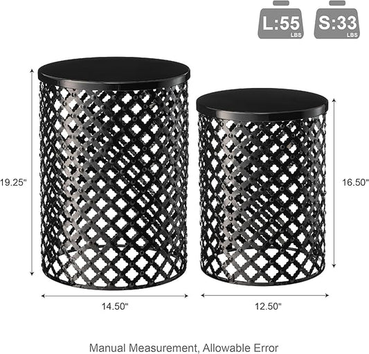 Glitzhome Outdoor Side Table Set of 2, Decorative Garden Stool for Patio Heavy Duty Metal Frame Modern Accent Table, Black
