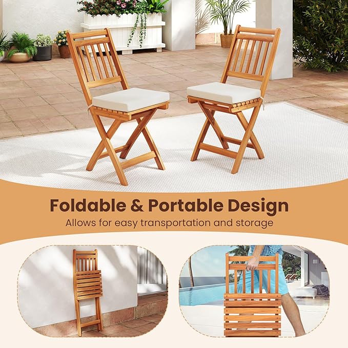 HAPPYGRILL Folding Patio Chairs Set Acacia Wood Outdoor Dining Chairs with Slatted Backrests and Soft Seat Cushions for Porch, Backyard and Garden, 400 LBS Weight Capacity (2,Back Style B)