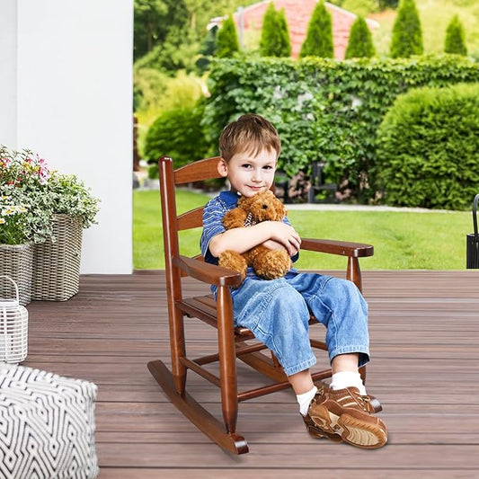 JOYMOR Outdoor Wooden Rocking Chair for Kids with High Backrest, Toddler Rocker Weather, Patio Rocker Chair Suitable for Porch, Garden, Balcony