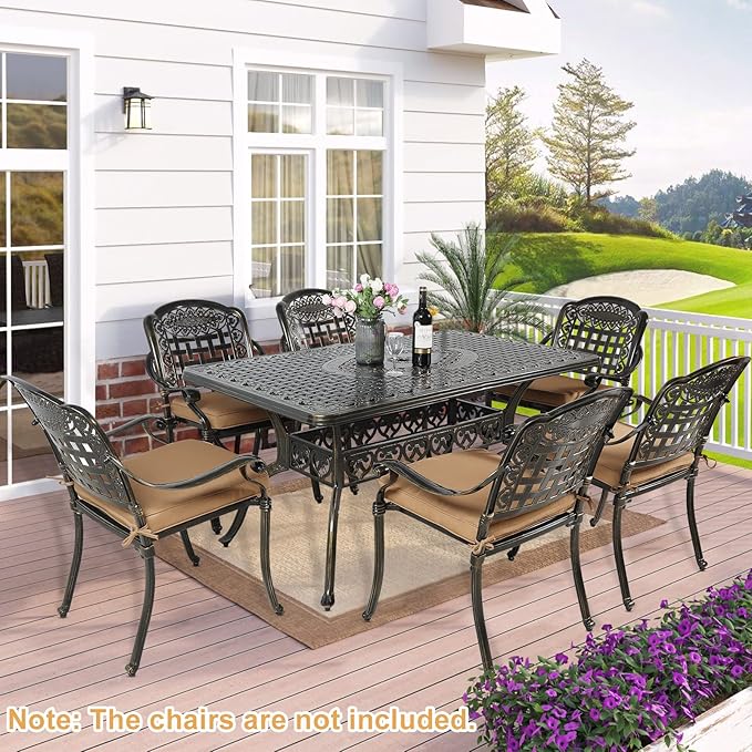 Outdoor Cast Aluminum Patio Table, 60” Rectangular Bistro Table with 2’’ Umbrella Hole for Patio Furniture Garden Deck Backyard