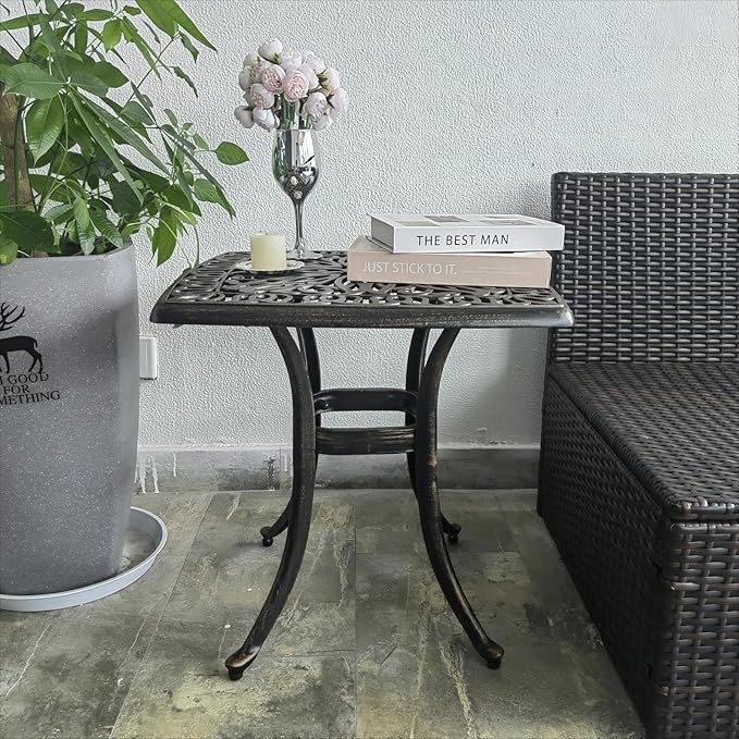 Outdoor Cast Aluminum Side Table End Table for Patio, Backyard, Pool, Indoor Companion, Easy Maintenance and Weather Resistant, Bronze