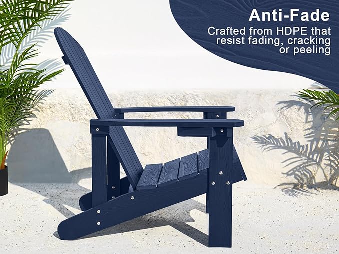 Y&M Adirondack Chair, Navy Blue Fire Pit Chairs, Outdoor Patio Chairs with Cup Holder, Weather Resistant HDPE Wooden Textured Patio Chairs, Perfect for Garden, Lawn, Deck, or Poolside
