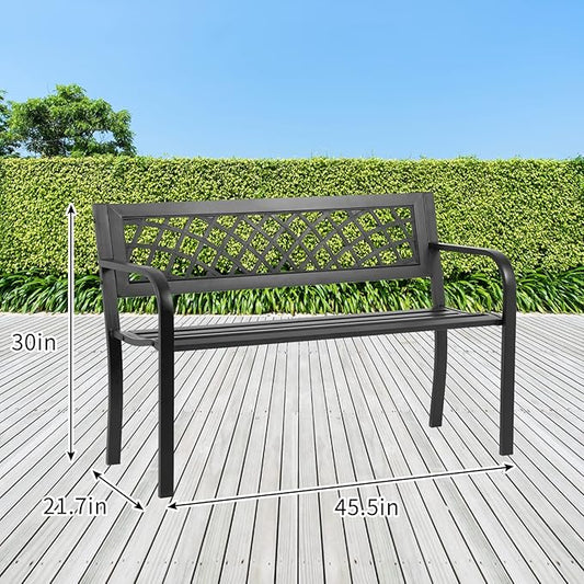 YRLLENSDAN Outdoor Bench 45in Metal Garden Bench All Weather Patio Bench for Outdoors with Backrest and Armrest for Patio, Park, Lawn, Deck w/Mesh Pattern Accent, Antique Finish - Black