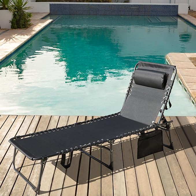 MUPATER 4-Fold Patio Chaise Lounge Chair for Outdoor with Detachable Pocket and Pillow, Portable Sun Lounger Recliner for Beach, Camping and Pool, Black