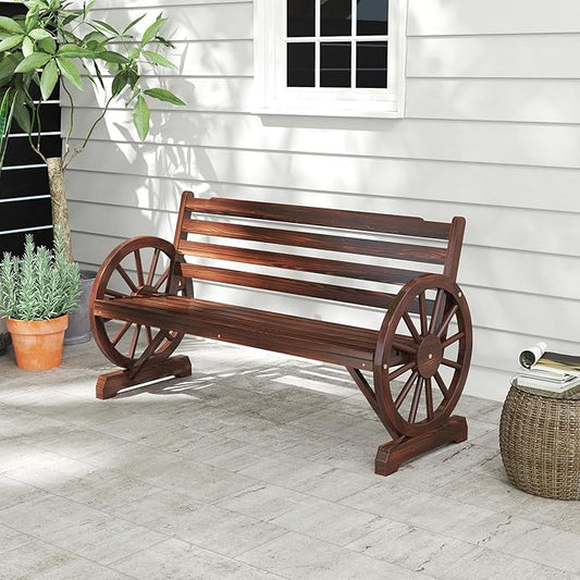 kinbor 55" Wooden Rustic Wagon Wheel Bench, Outdoor Bench Seat, Patio 2-Person Bench with Backrest