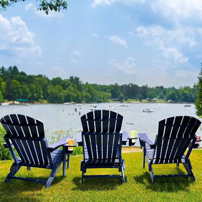 FUNBERRY Adjustable Folding Adirondack Chairs Set of 2 with Retractable Ottoman, All Weather Fire Pit Chairs with Cup Holder