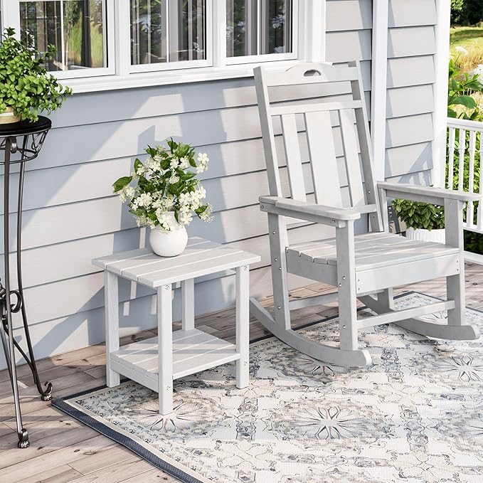 2 Tier Outdoor Side Table with Wood-Like Grain, 16.6" HDPE Adirondack Table Patio Side Table, Weather Resistant End Table for Pool, Patio & Porch, Small Outdoor Table (White, Rectangle)