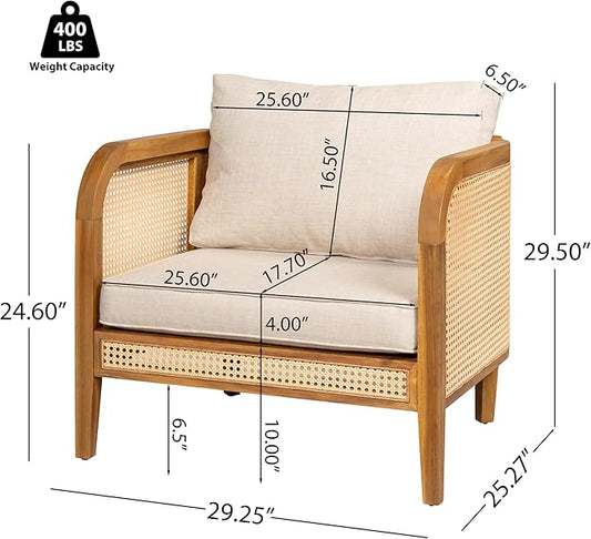 Christopher Knight Home Tilden Bohemian Acacia Wood Lounge Chair Outdoor Set of 4, Wicker Patio Accent Chair with Wooden Frame, Patio Furniture Set with Removable Cushion, Teak+Beige