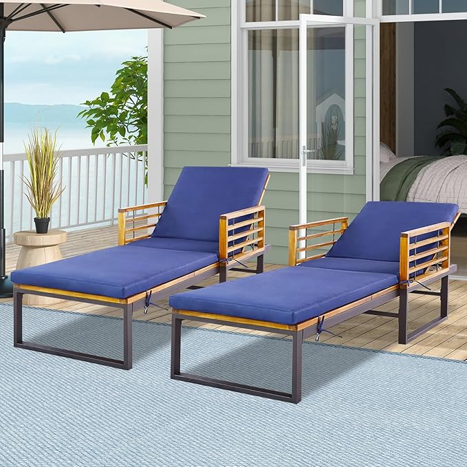 Tangkula Acacia Wood Patio Lounge Chair, Heavy Duty Outdoor Chaise Recliner with with 4 Level Adjustable Backrest, Foam-Padded Cushion, 800 lbs Weight Capacity, for Poolside, Garden, Deck (1, Navy)