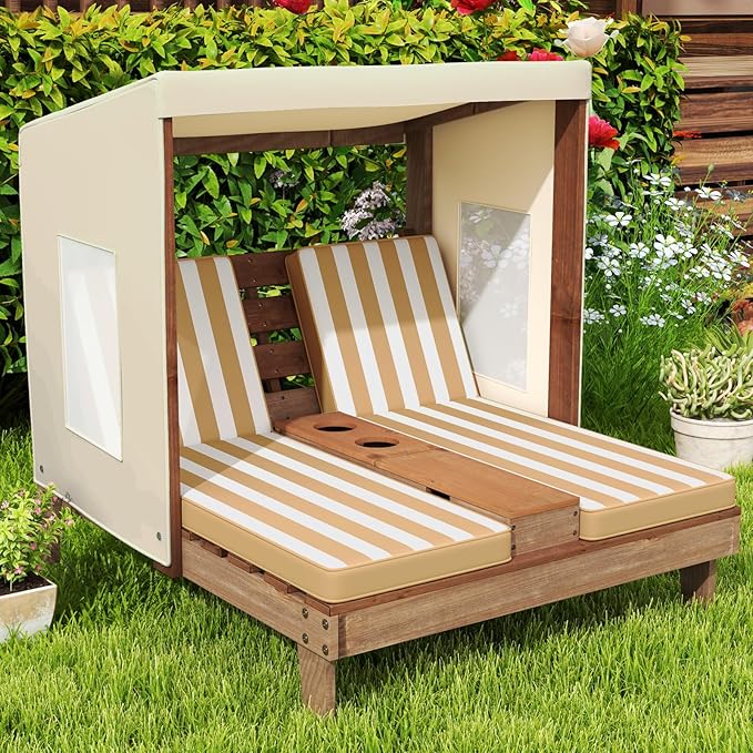 Costzon Kids Lounge Chair Outdoor, Wood Double Seat Chaise Lounge with Canopy, Cup Holders, Cushion, Backrest Recliner, Kids Patio Furniture, Gift for Boys Girls 3-8 Years Old