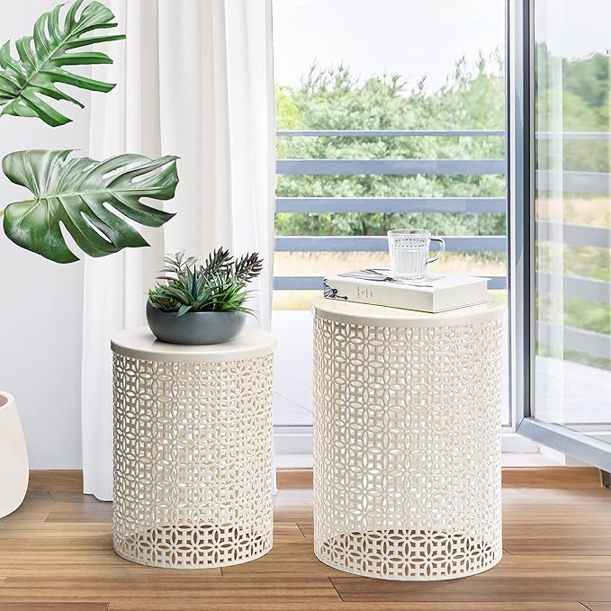 Glitzhome Outdoor Side Table Set of 2, Decorative Garden Stool for Patio, Heavy Duty Metal Frame Accent Table Modern End Table, Cream White | Indoor Outdoor, Heavy Duty, Accent Table, Modern End Table