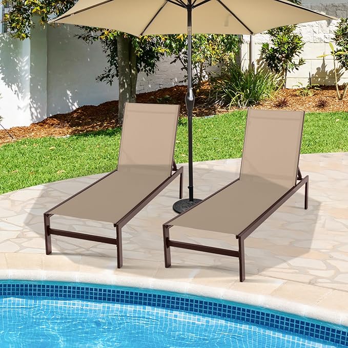 Giantex Patio Chaise Lounge Chair, Outdoor Sunbathing Chair Lawn Reclining Lounger with 6 Adjustable Position, Aluminium Frame, Outside Tanning Chairs for Deck,Yard, Pool Lounge Chairs (1, Brown)
