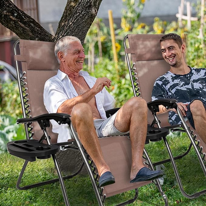 Bonnlo Zero Gravity Chairs Set of 2 Patio Folding Lounge Chairs Outdoor Recliners with Pillow and Cup Holder Adjustable Reclining Lawn Chair for Deck,Patio,Beach,Yard(Brown)