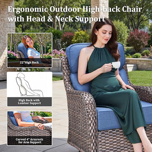 Luxury High Back Patio Furniture Set with 6-Inch Thick Cushions, 6-Pieces Outdoor Furniture with Swivel Chairs, Wicker Conversation Set for Porch, Balcony, Deck and Yard, Brown/Blue