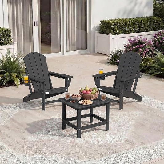 Mdeam 3-Position Adjustable Adirondack Chairs Set of 2, 400LBS Capacity, Cup Holder, Wooden Textured, All-Weather HDPE Folding Fire Pit Outdoor Chairs for Poolside Deck Patio Garden Yard Lawn - Black