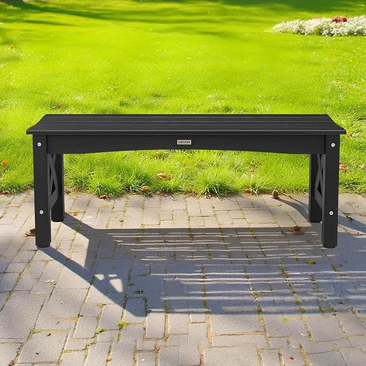 VEVOR Outdoor Bench, 44.5 inch, 600 lbs Weight Capacity, Weatherproof Plastic Frame with Adjustable Level Footpads and Thick Leg, Outside Bench for Patio, Garden, Park, Yard, Front Porch, Black